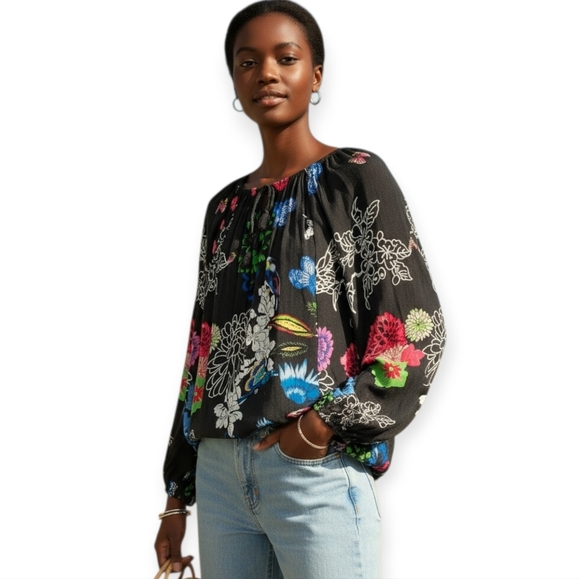 Desigual Tops - Desigual Boho Floral Peasant blouse Black And Multicolor Vibrant Medium